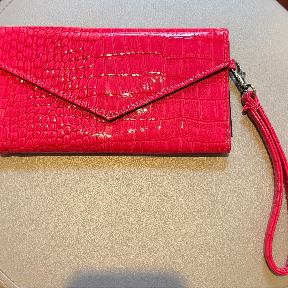 Bright Pink Crocodile-Embossed Clutch Wallet